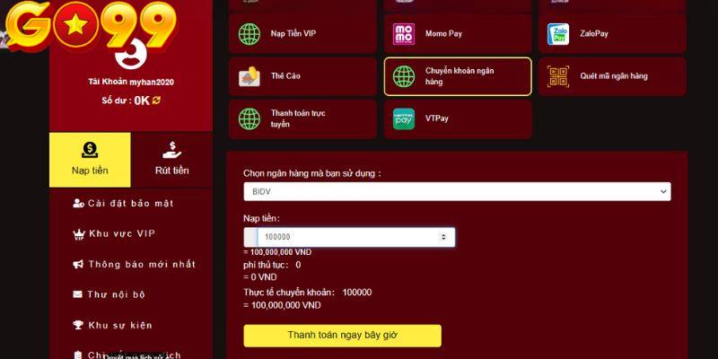 Một vài chú ý quan trọng cho quá trình nạp tiền tại Go99
